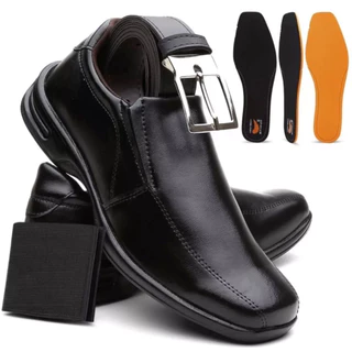 Kit Sapato Social Masculino Ortopédico de Couro com Palmilha Gel Sola Antiderrapante + Cinto e Carteira