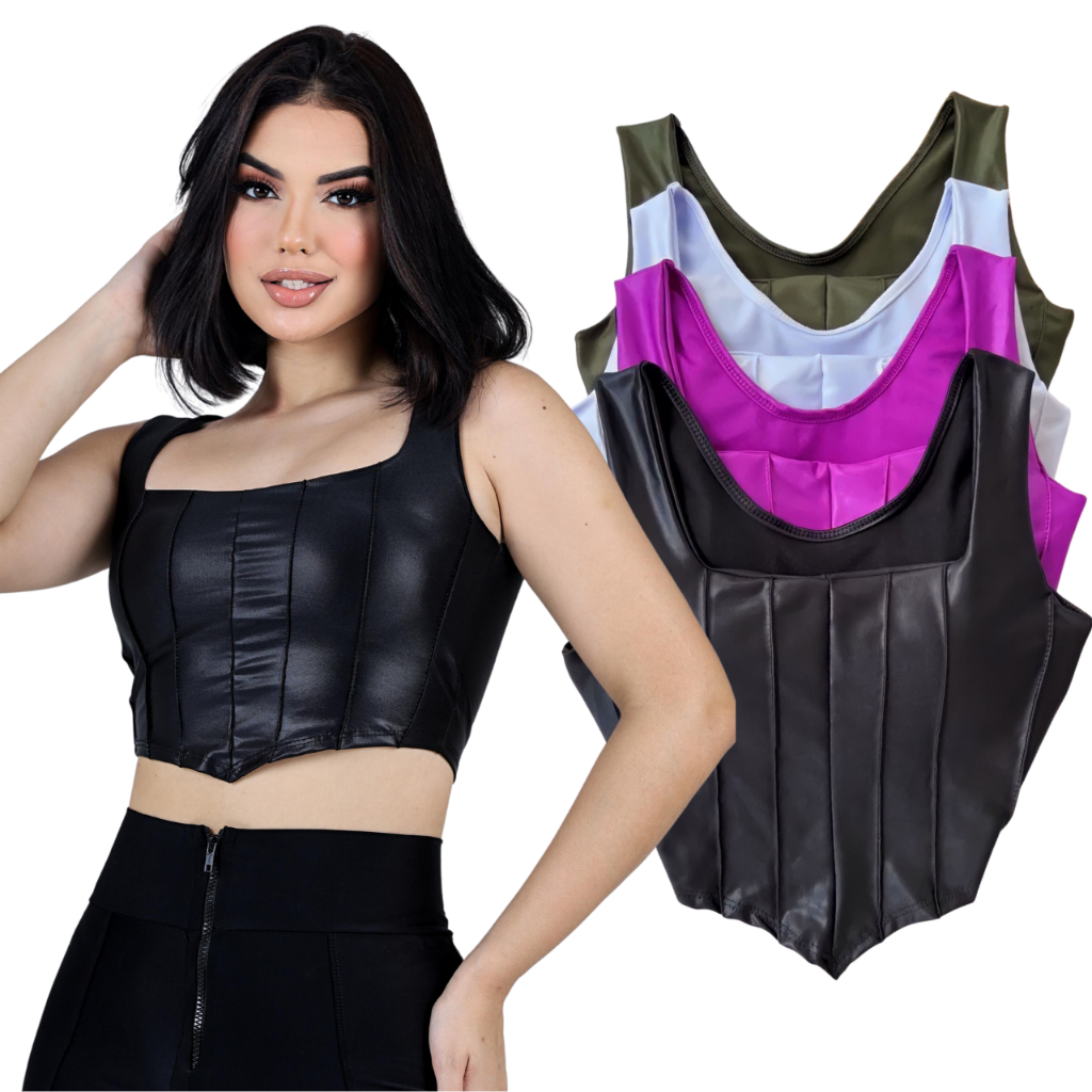 Cropped Top Feminino Regata Retro Couro Fake Preto Alcinha Corselet Corset Cirre Com Bojo