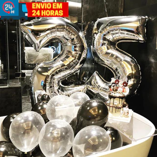KIT 2 Numeros Balão Bexiga Numero Metalizado 70cm Prata Aniversario