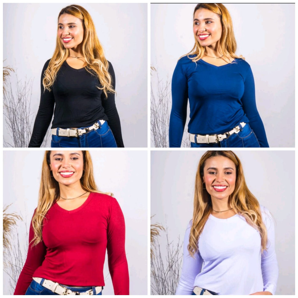 Kit 4 Blusas Femininas Gola V Manga Longa