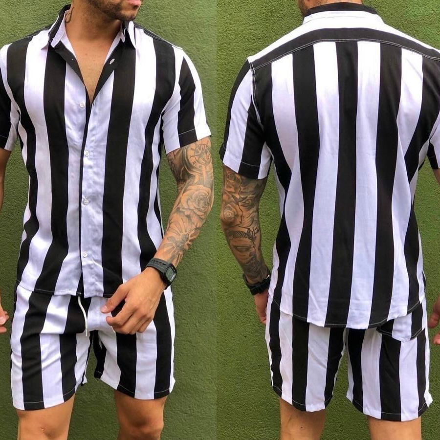Camisa Conjunto listrada e lisa masculina slim fite Manga curta viscose