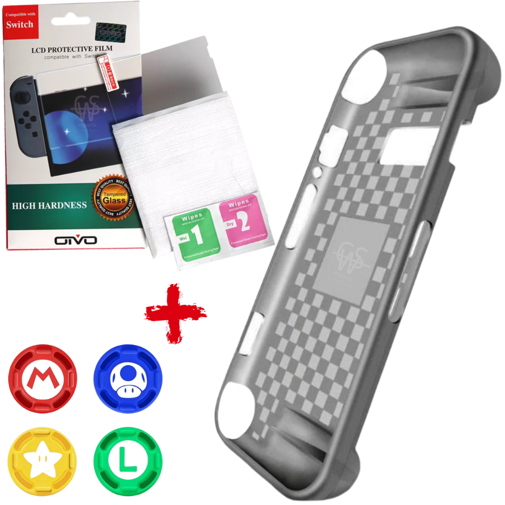 Case Capa Tpu para Nintendo Switch + Pelicula De Vidro + 4 Grip Proteção