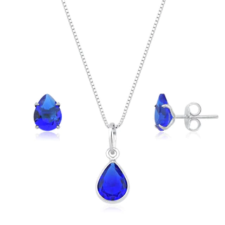 Conjunto colar brinco gota prata 925 azul bic em Oferta na Shopee