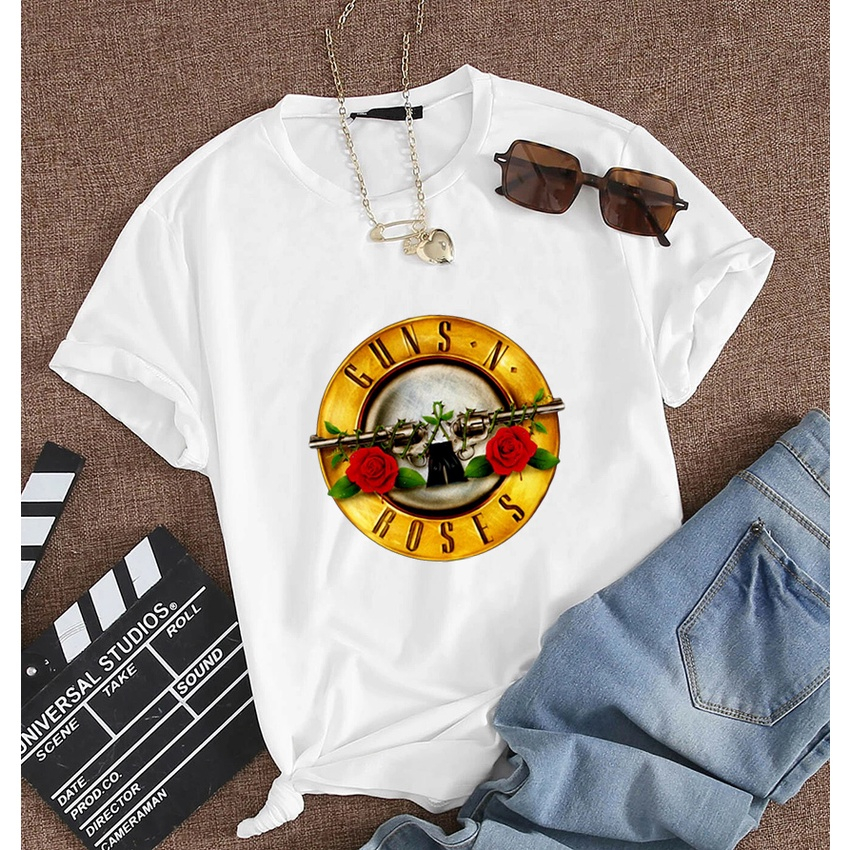 Camiseta feminina logo guns n roses classica Blusa Algodao