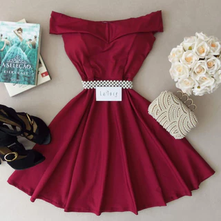 Vestido Curto Rodado Ombro A Ombro Vermelho Marsala