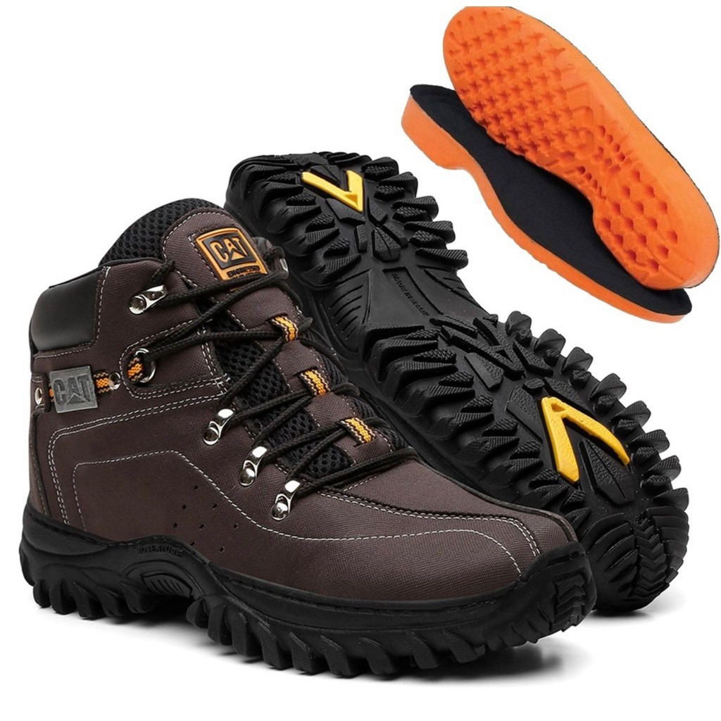 Bota Masculina Caterpillar Casual Macia Adventure de Couro Costurado Impermeavel Barato