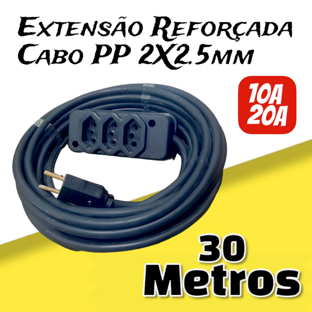 Extensão Elétrica Cabo PP 2x2,5mm Reforçada 30 metros 10A/20A para Casa/ Profissional/Residencial