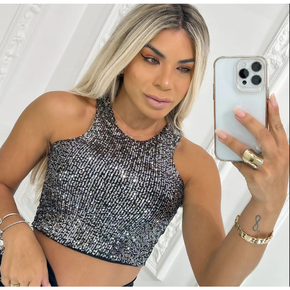 cropped feminino blusa com brilho paete lantejoulas brilhante com bojo ...