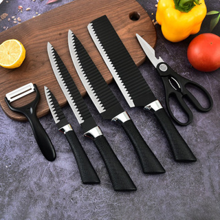 Kit 6 Peças Faca de Carne Cutelo Legumes de Aço Carbono Profissional Preto Original