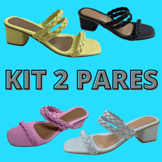KIT 2 PARES Tamanco Feminino Sandália Trança Salto Médio