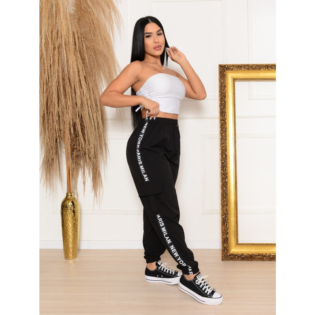 Bolso Lateral Feminina CalÃ§a Jogger Feminina Jeans Preta Calça