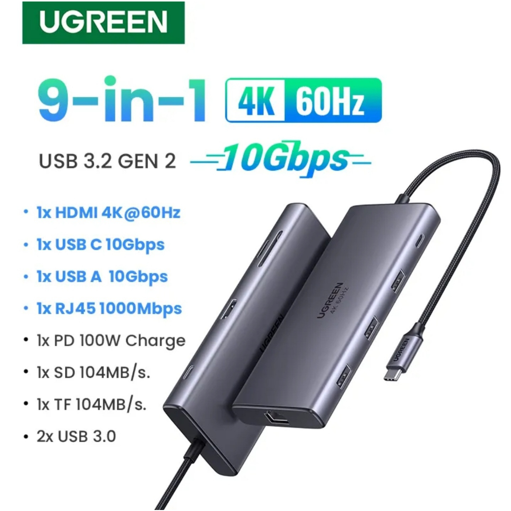 Adaptador ugreen Revodok ( 9 em 1 ) Hub USB C 3.2 Gen 2 10Gbps hdmi 4K 60Hz Ethernet Gigabit RJ45 Carga pd 100W Carregamento leitor de cartão sd/tf Compatível com MacBook Pro Air M1 M2 Max 2023 iPadOS