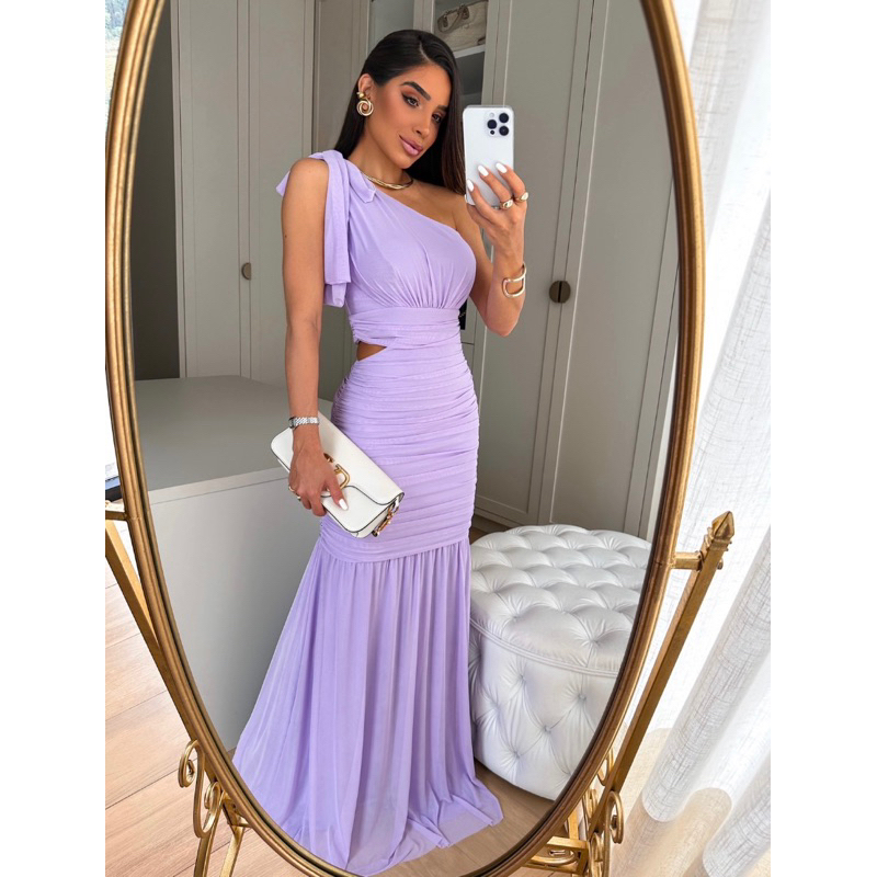 Vestido Lavanda Madrinha Festa De Casamento Tecido Tule Liso Com