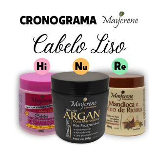 Cronograma Capilar para Cabelos Lisos e Alisados - (Desmaiados, Argan Branco e Mandioca) 3 Máscaras 500g Maycrene