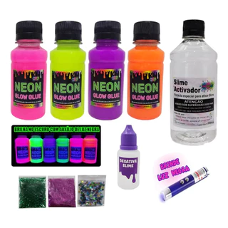 kit slime com colas neon ine slime especial dia das crianças com gliter estrelinhas desativador ativador