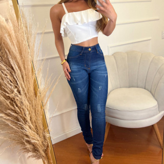 Calça Skinny Femenina Lavagem Deluxe Com Detalhes em Puídos e Bigode Top Fashion