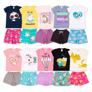 Kit Sortido 6 Peças de Roupas Infantil Menina 3 Camisetas + 3 Bermudas - Promoção - Kit com 3 Conjuntos de Roupa Infantil Menina Verão Menina Bebe Barato