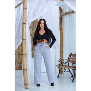 Calça Moletinho Pantalona Wide Leg Cintura Alta Feminina Roupa