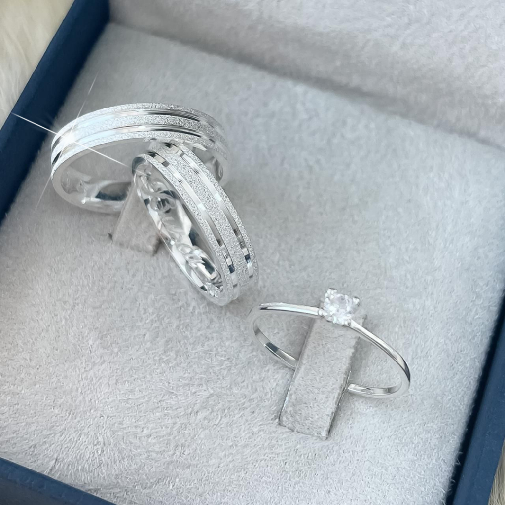 Par de Aliança Namoro Diamantada + Anel Solitário | Aliança Prata Brilhante Fosca Delicada Namoro Compromisso