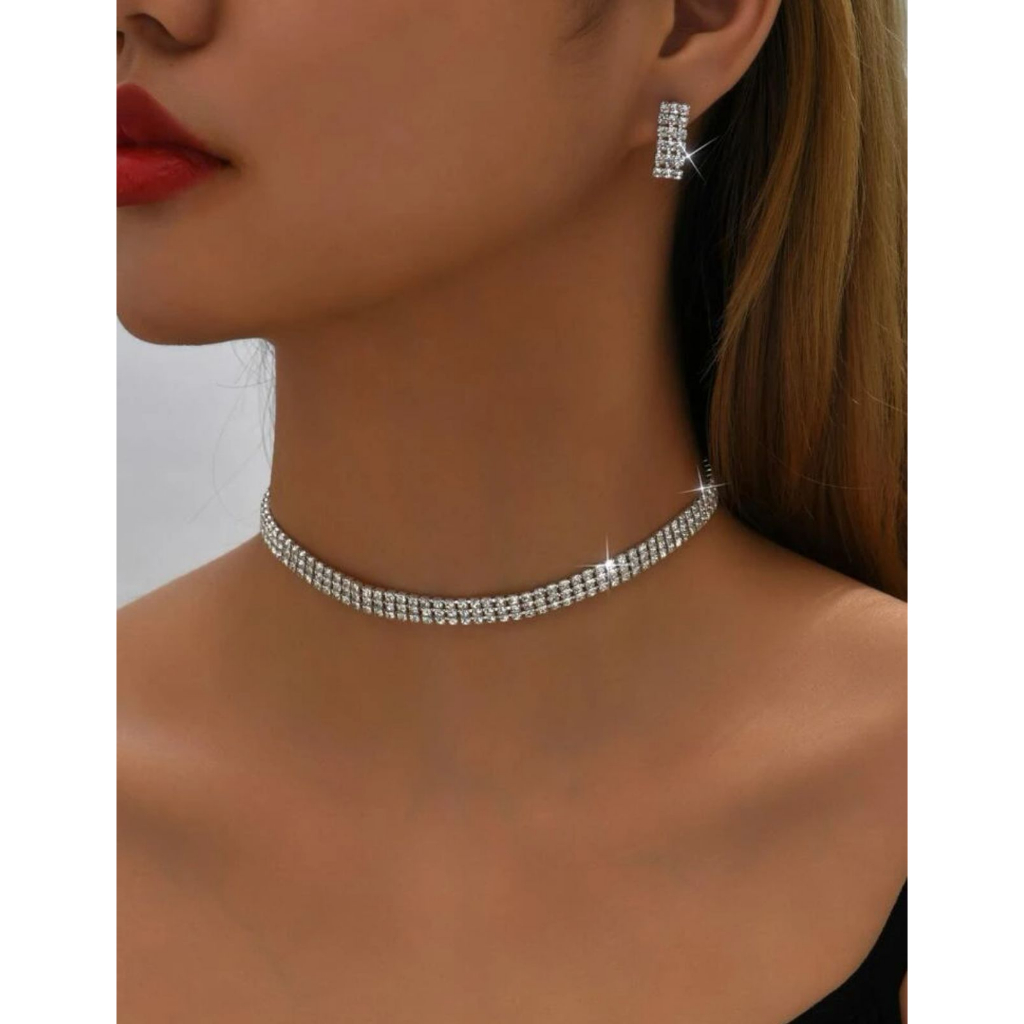 Nova Cristal Gargantilhas Colar com brinco Chocker para As Mulheres de Prata Fina de Ano Novo-prata