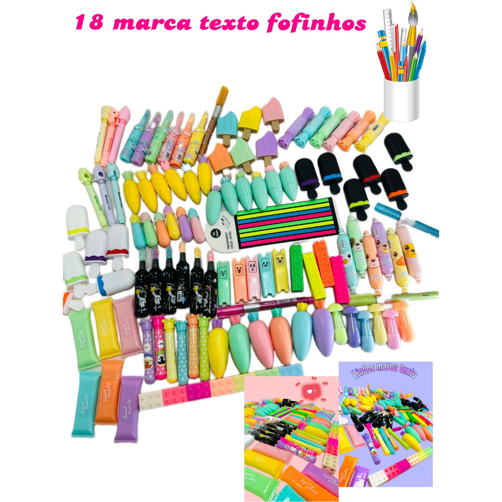 18 Mini Canetas Marca Texto Fofo Fofinhos Carinhas Lindas