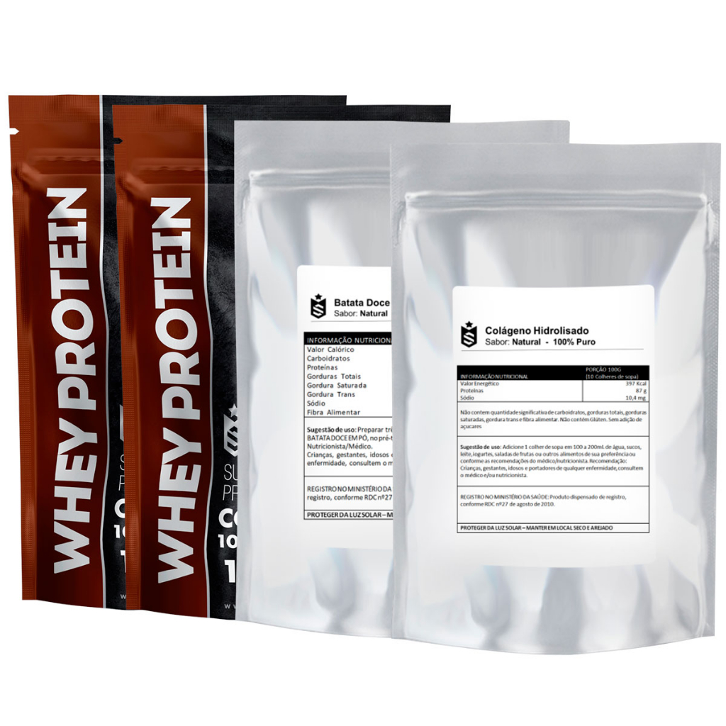Kit: Whey Protein Concentrado 2Kg + Batata Doce Em Pó 1Kg + Colágeno Tipo 1 Hidrolisado 1Kg – 100% Importado – Soldiers Nutrition