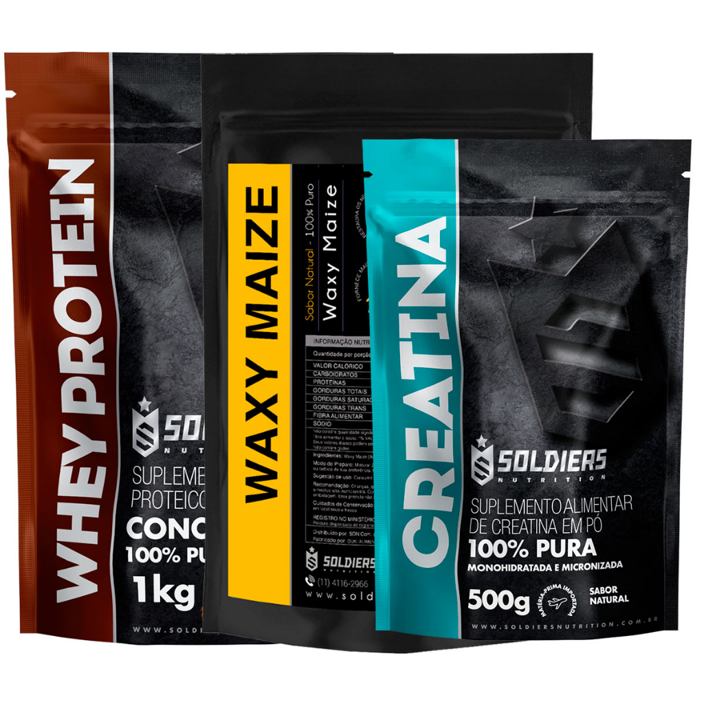 Kit: Whey Protein Concentrado 1Kg + Creatina Monohidratada 500g + Waxy Maize 1Kg – Soldiers Nutrition