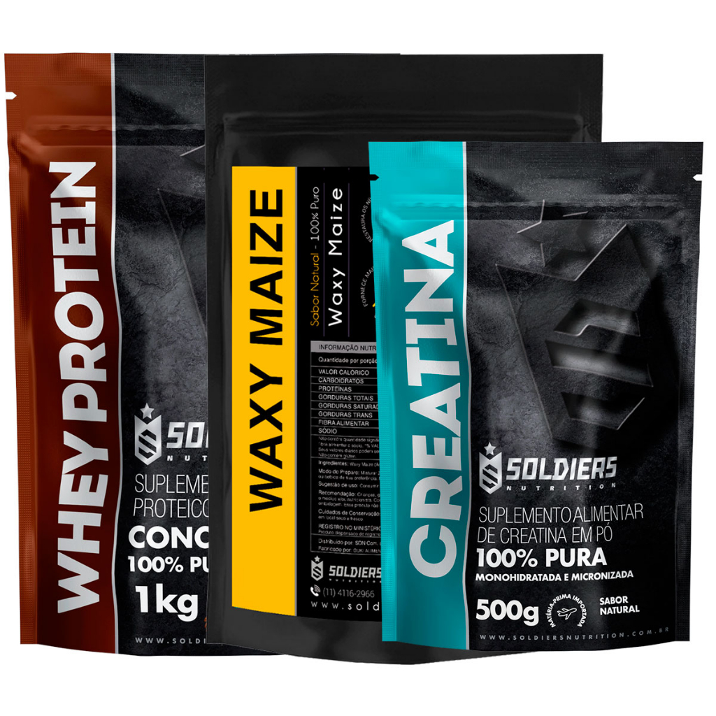 Kit: Whey Protein Concentrado 1Kg + Creatina Monohidratada 500g + Waxy Maize 1Kg - Soldiers Nutrition