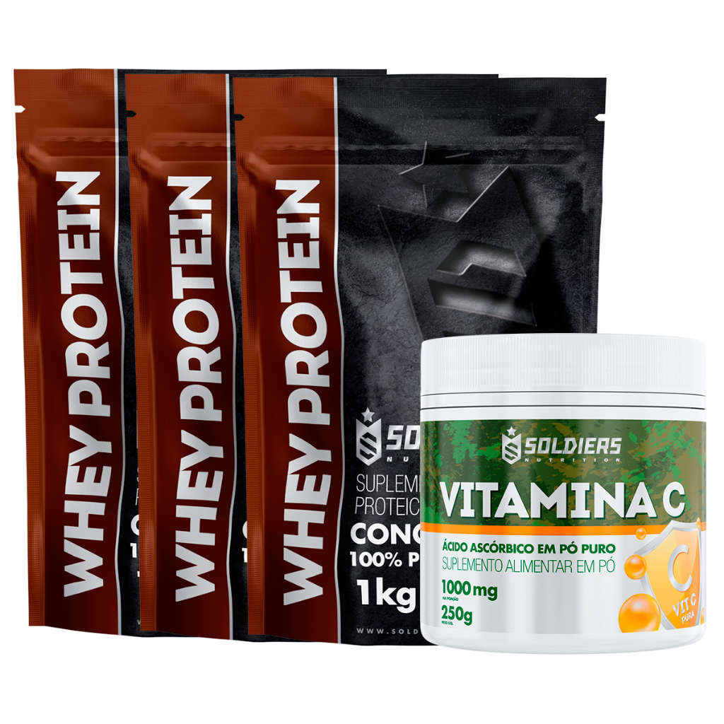 Kit: Whey Protein Concentrado 3Kg + Vitamina C Em Pó 250g – 100% Importado – Soldiers Nutrition