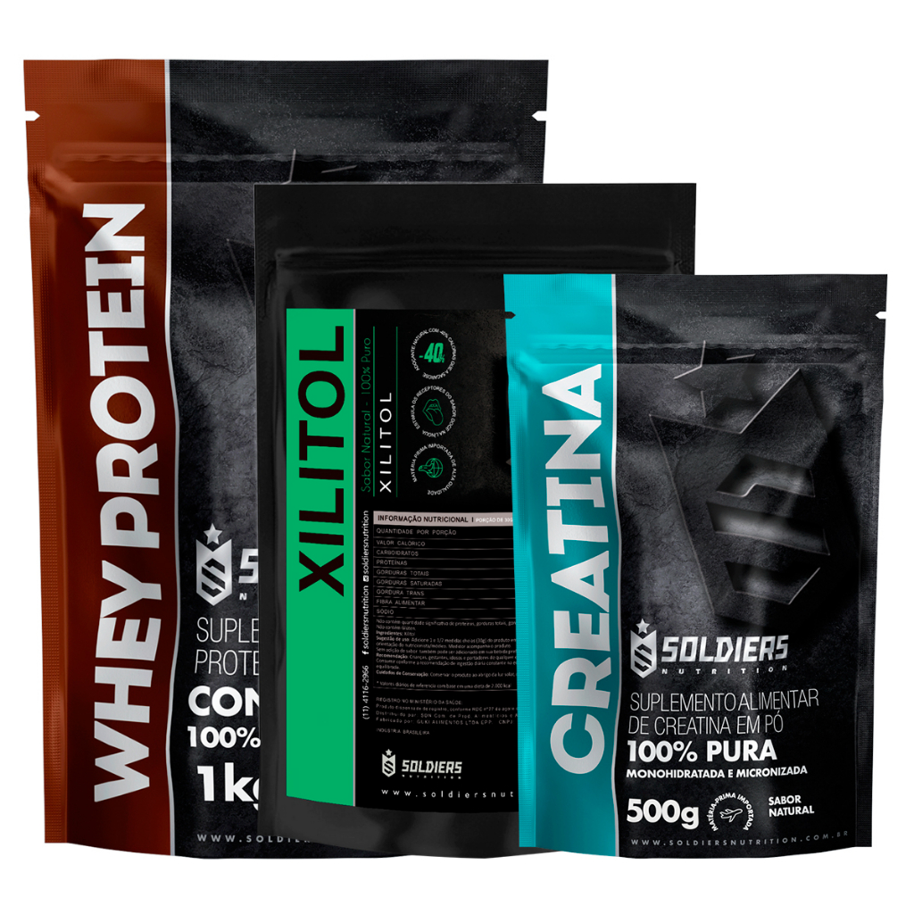 Kit: Whey Concentrado 2Kg + Creatina Monohidratada 500g + Xylitol 500g – Soldiers Nutrition