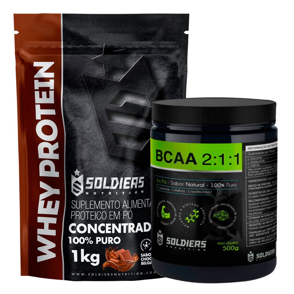 Kit: Whey Protein Concentrado 3kg + BCAA Em Pó 1kg – 100% Importado – Soldiers Nutrition