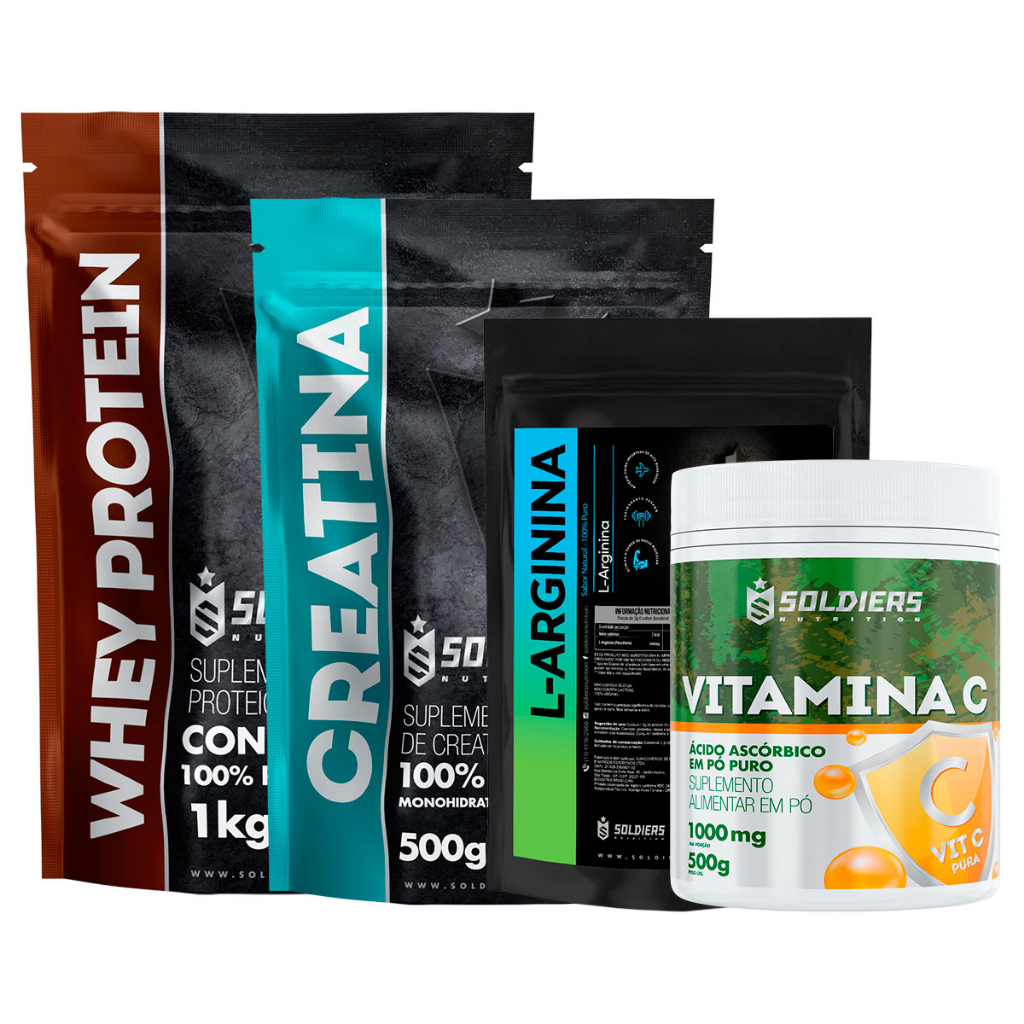 Kit: Whey Protein Concentrado 1kg + Creatina 500g + Vitamina C Em Pó 500g + Arginina 250g – 100% Importado – Soldiers Nutrition