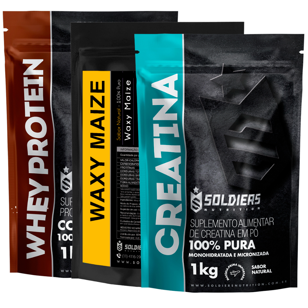 Kit: Whey Protein Concentrado 2Kg + Creatina Monohidratada 1Kg + Waxy Maize 1Kg – Soldiers Nutrition