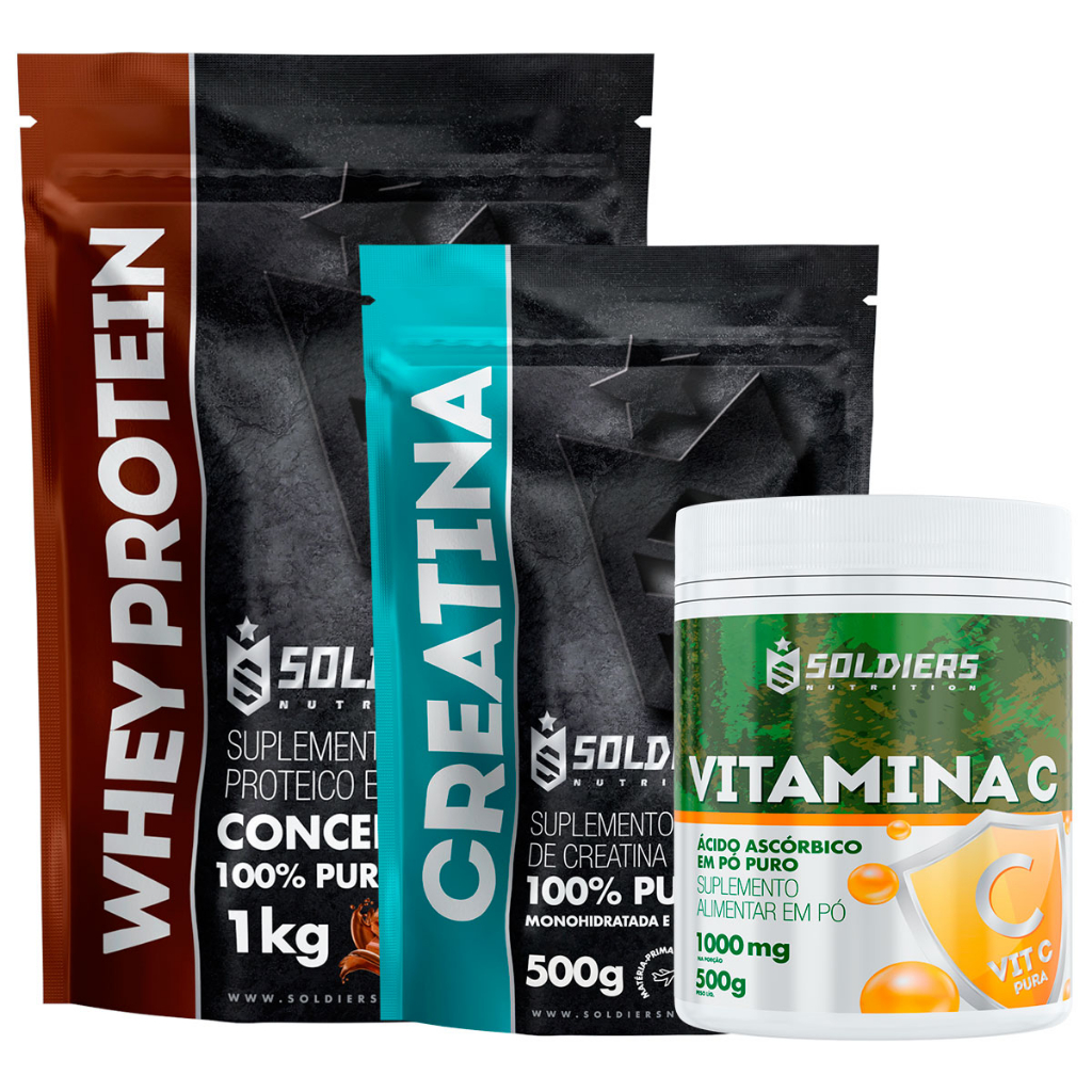 Kit: Whey Protein Concentrado 1Kg + Creatina Monohidratada 500g + Vitamina C Em Pó 500g – 100% Importado – Soldiers Nutrition