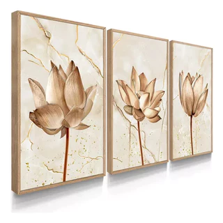Quadro Decorativo Trio Tons Neutro e Gold Abstrato para Sala quarto cozinha