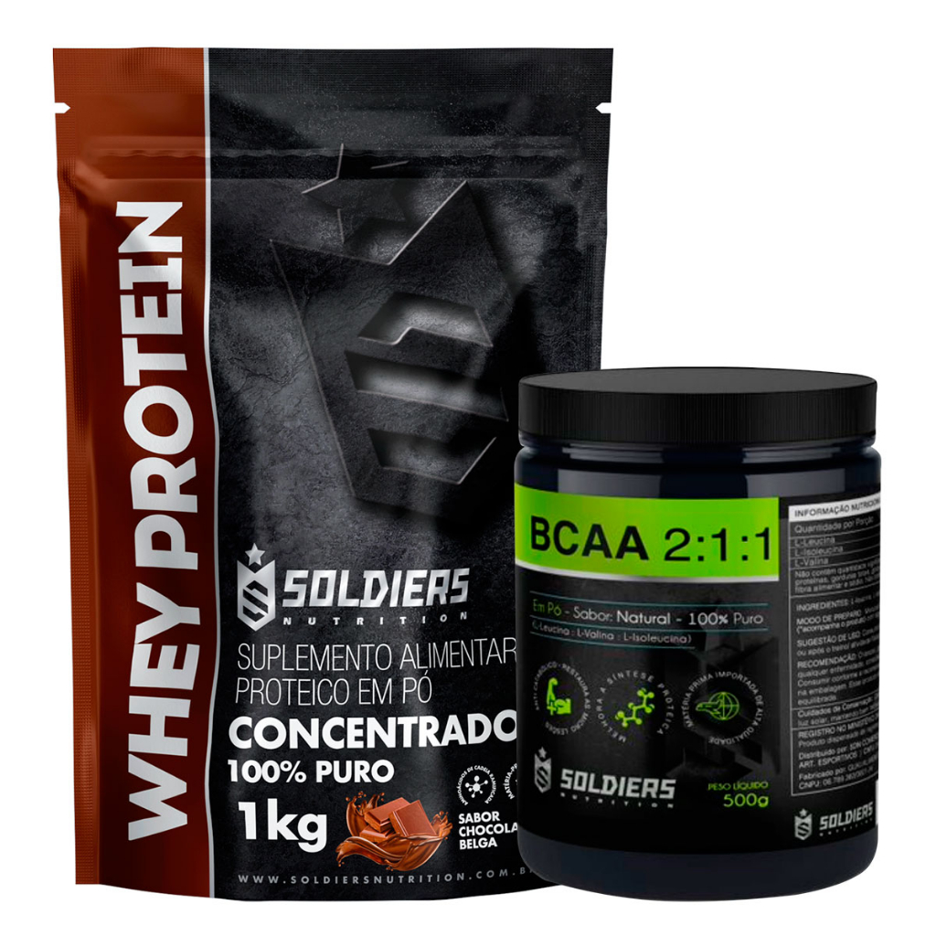 Kit: Whey Protein Concentrado 1Kg + BCAA Em Pó 500g – 100% Importado – Soldiers Nutrition