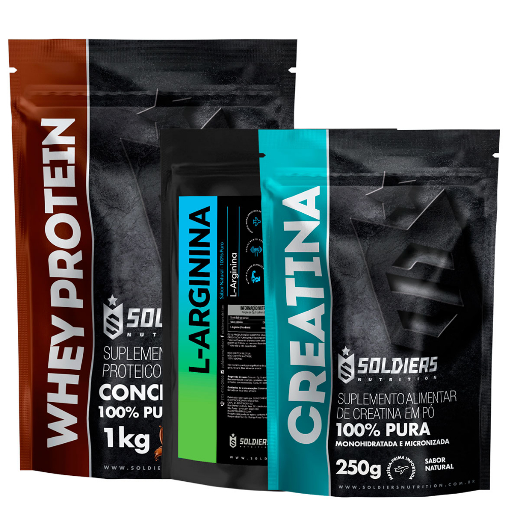 Kit: Whey Concentrado 2Kg + Creatina Monohidratada 250g + Arginina 250g – 100% Importado – Soldiers Nutrition