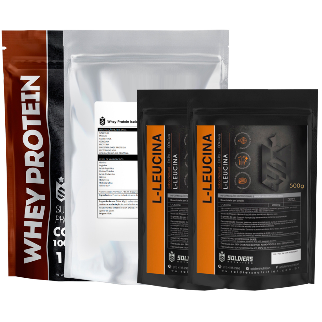 Kit: Whey Concentrado 1kg + Whey Isolado 1kg + Leucina 1kg – 100% Importado – Soldiers Nutrition