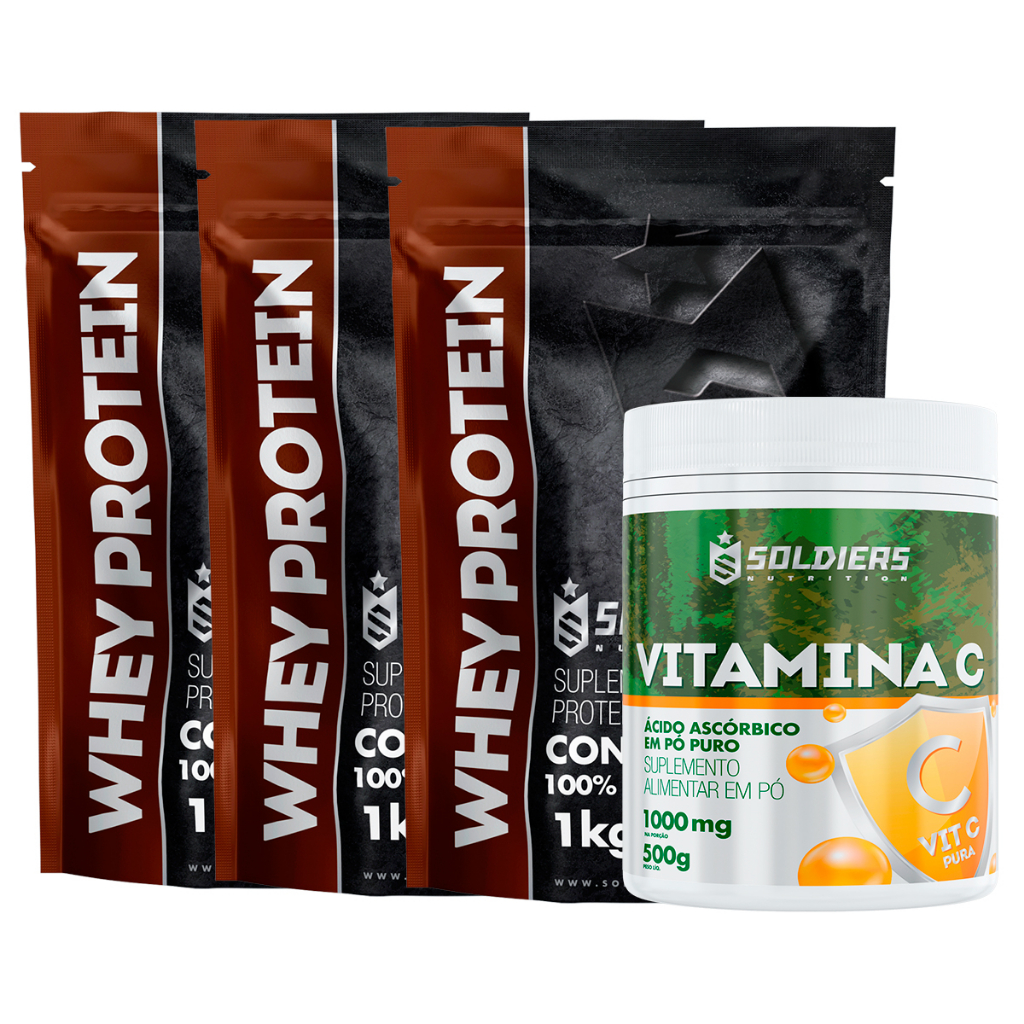 Kit: Whey Protein Concentrado 3Kg + Vitamina C Em Pó 500g - 100% Importado - Soldiers Nutrition