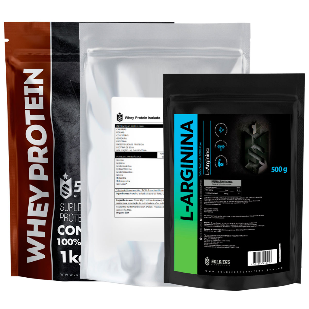 Kit: Whey Protein Concentrado 1Kg + Whey Isolado 1Kg + Arginina 500g – 100% Importado – Soldiers Nutrition