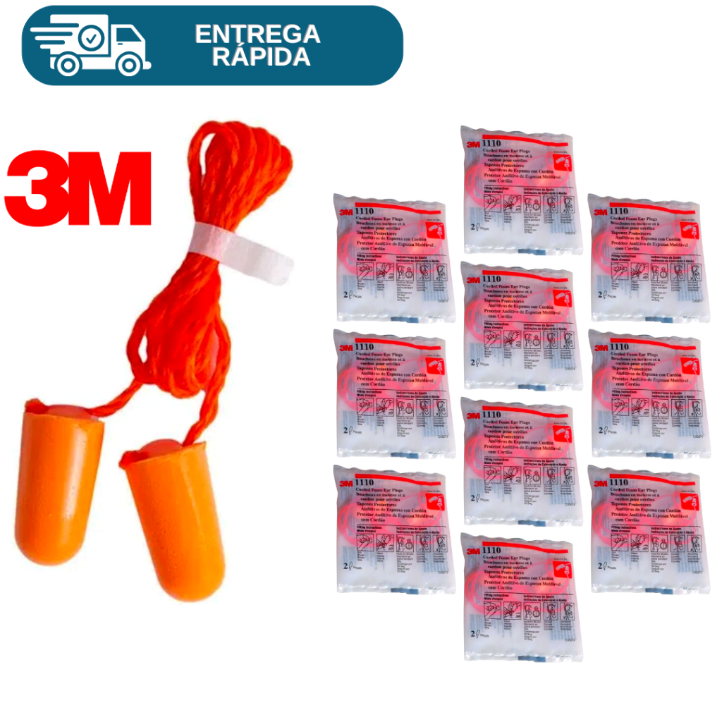 Kit 10 Protetor Auricular Plug Espuma 3M 1110 Com Cordão Abafador Tampão Ouvido Para Dormir