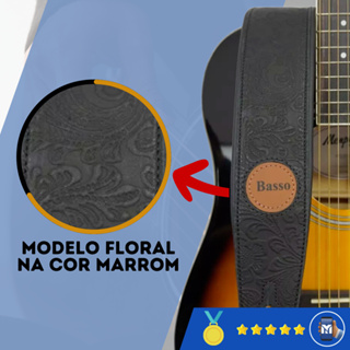 Correia Alça Para Violão, Guitarra e Baixo Preto Floral Extra Premium