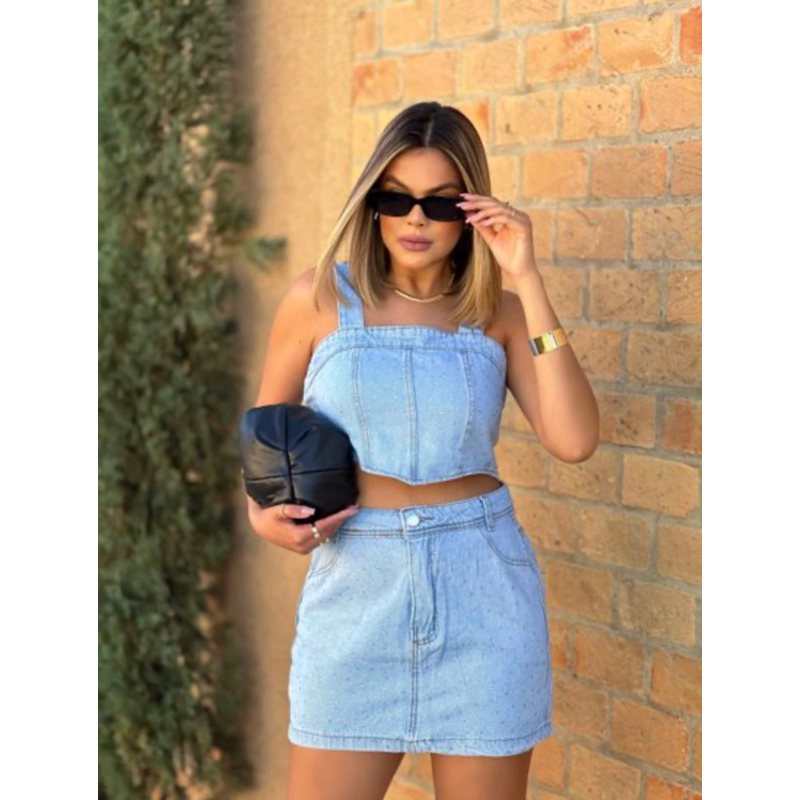 feminina jeans Roupa de 2pçs cropped com saia blusa | Shopee Brasil
