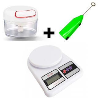 Kit Processador Manual de Alimentos + Balança de Cozinha 10 Kg + Mini Mixer Misturador de bebidas