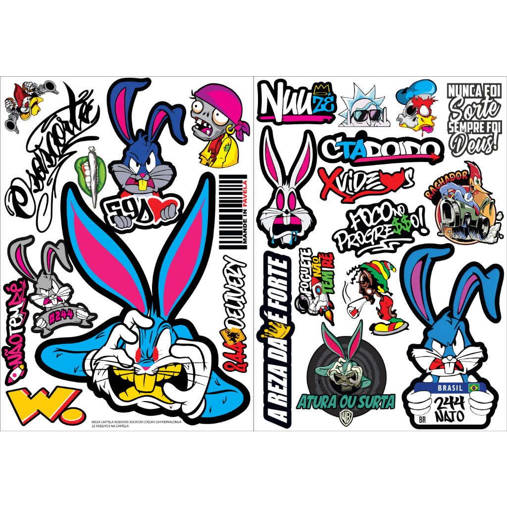 Cartela de Adesivos S12 para carro moto ou bike Sticker Notebook Bicicleta  Coelho Grau 244