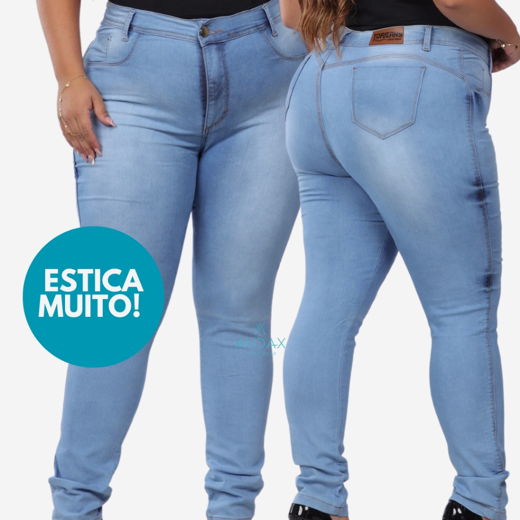 Calça Jeans Feminina Plus Size com Lycra Cós Alto Skinny Levanta Bumbum