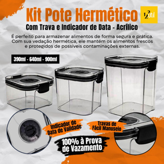 Kt 3 Potes Herméticos 390ml+640ml+900ml Com Indicador De Data