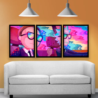 Quadro Mosaico Rick And Morty Com Moldura e Acetato 3 Peças A4