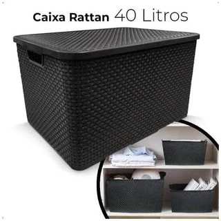 Caixa Cesto Organizador 40 Litros 48,5X34,5X29CM Organizadora Rattan com Tampa Preto Multiuso Universal Arqplast
