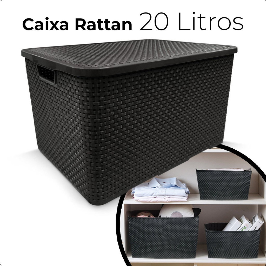 Caixa Organizadora 20 Litros Preto Cesto 42x29,5x20CM Organizador Rattan Com Tampa Organizador de Armário